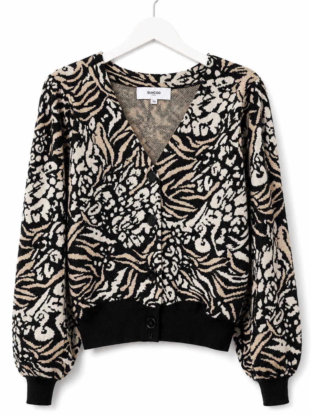Suncoo Paris Floral Jacquard Metallic Puff Sleeve Cardigan Sweater Animal Print